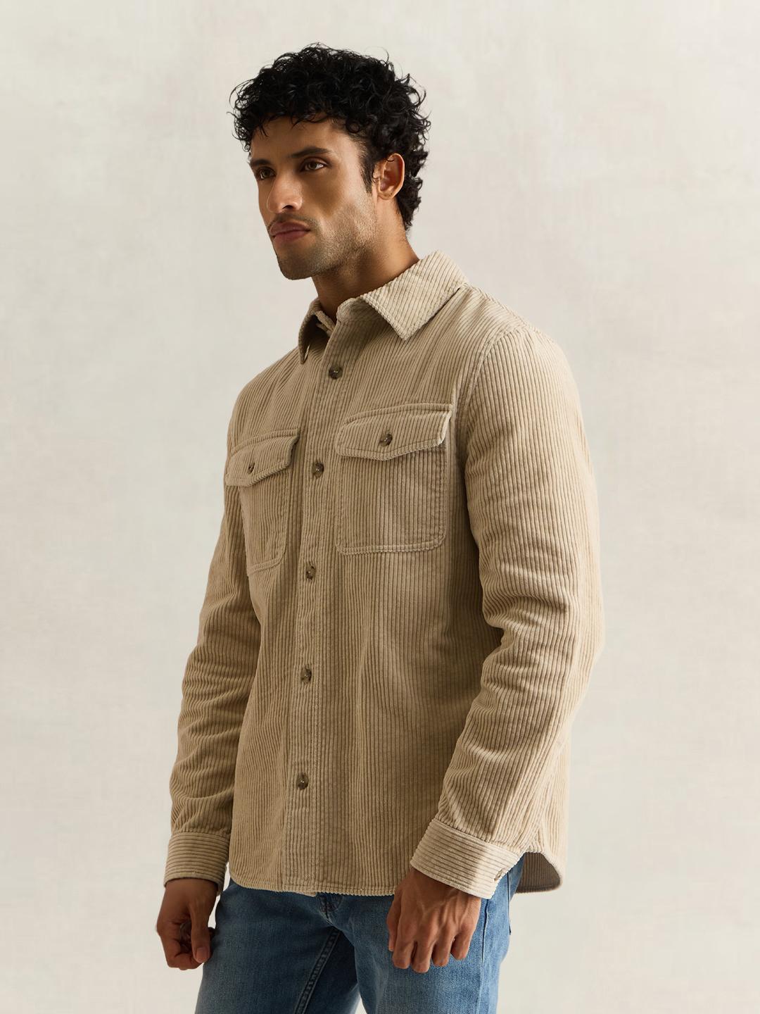Gant Men Beige Solid Regular Fit Corduroy Shirt