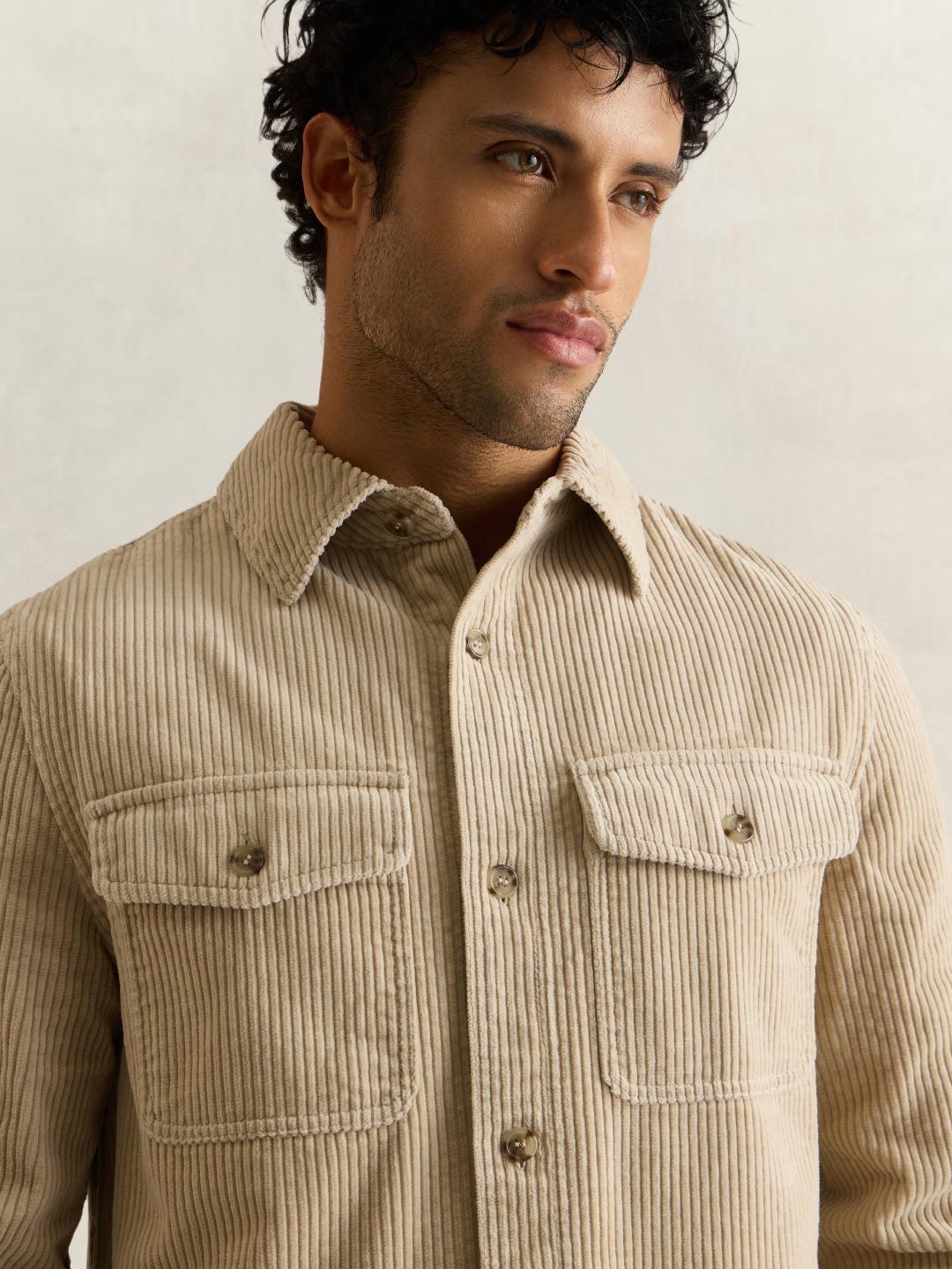 Gant Men Beige Solid Regular Fit Corduroy Shirt