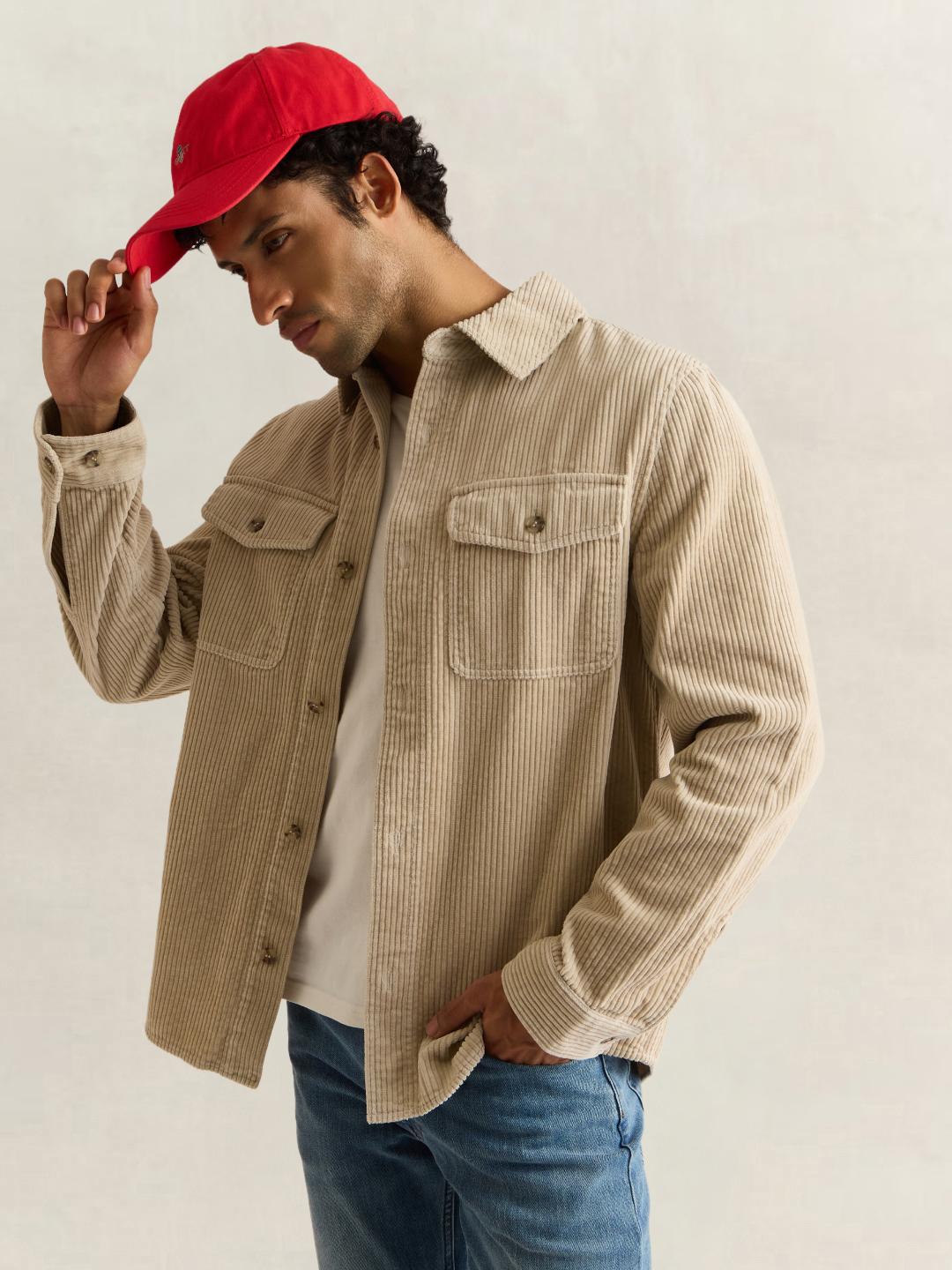 Gant Men Beige Solid Regular Fit Corduroy Shirt