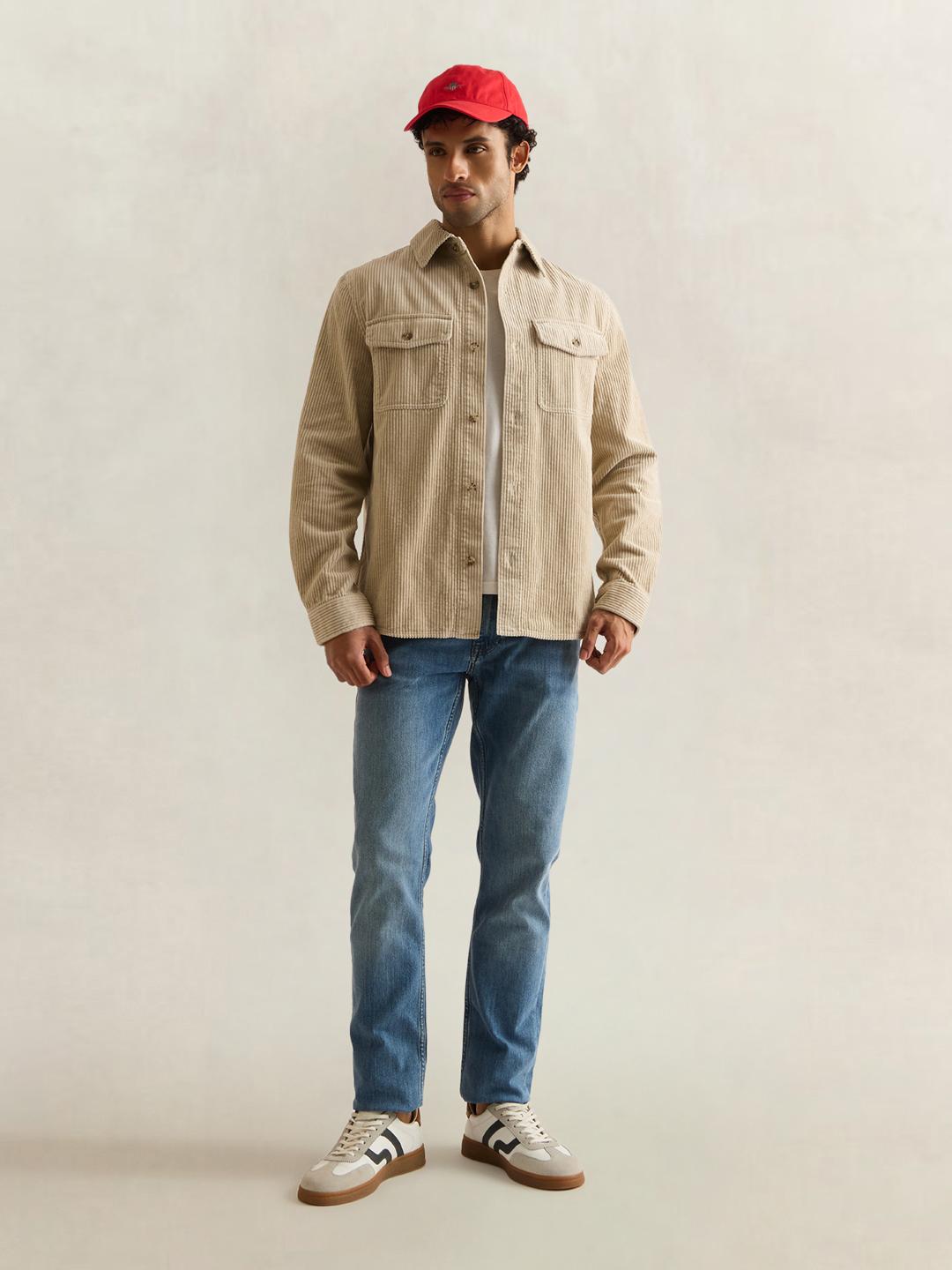 Gant Men Beige Solid Regular Fit Corduroy Shirt