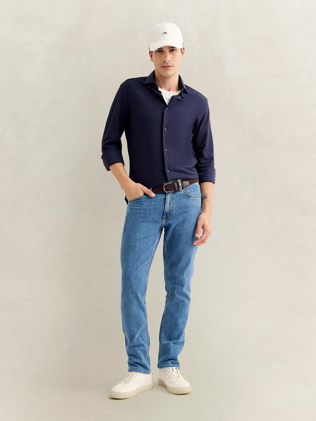 Gant Men Navy Blue Slim Fit Solid Shirt
