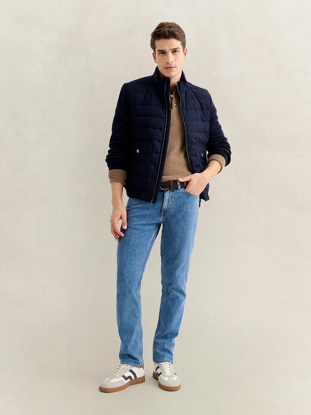 Gant Men Navy Blue Regular Fit Quilted Flannel Jacket