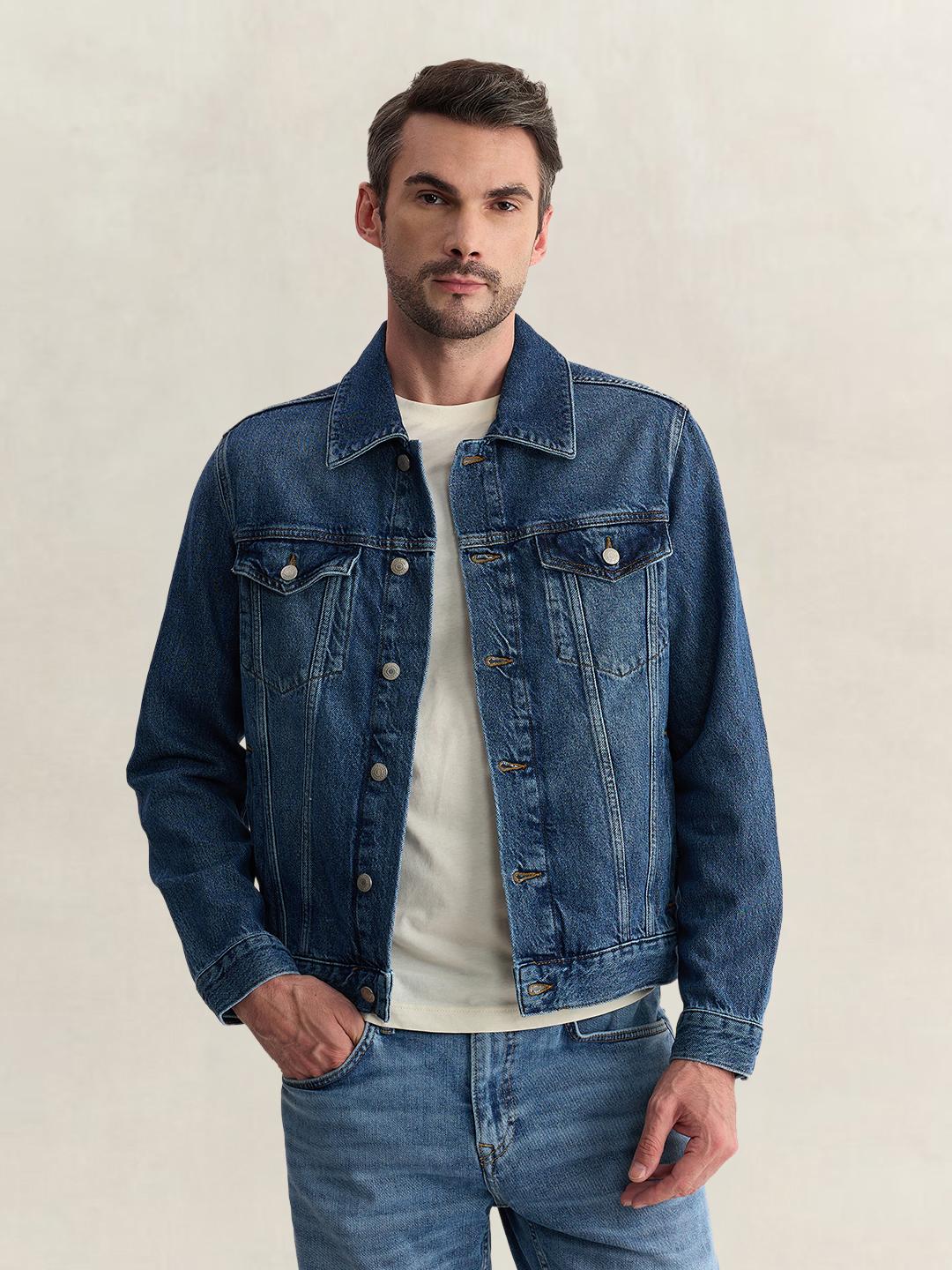 Gant Men Blue Regular Fit Solid Cotton Blend Jacket