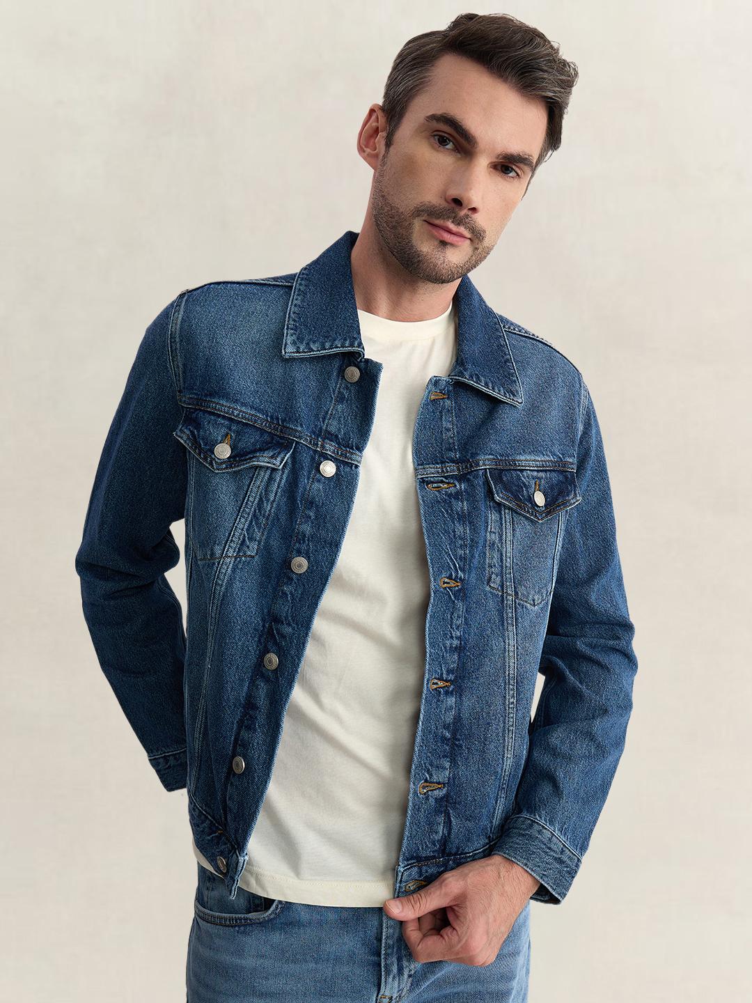 Gant Men Blue Regular Fit Solid Cotton Blend Jacket