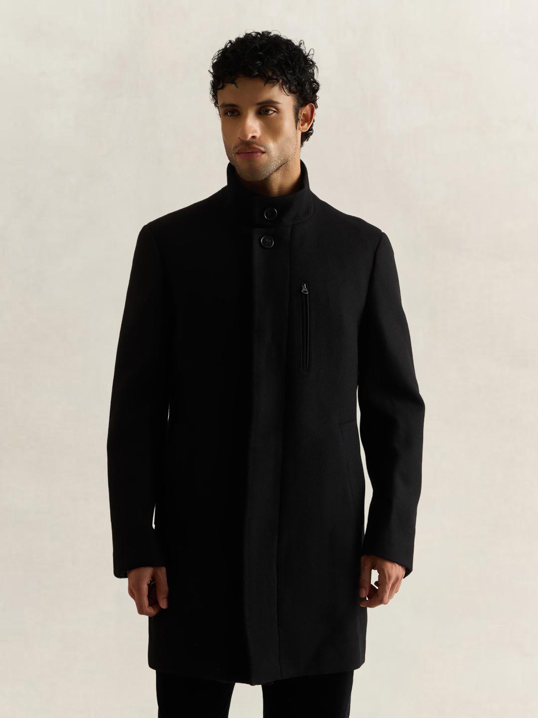 Gant Men Black Solid Regular Fit Wool Stand-Up Coat
