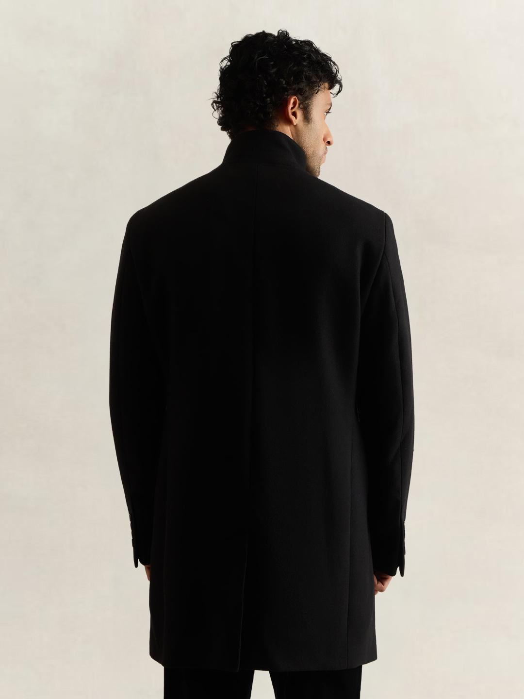 Gant Men Black Solid Regular Fit Wool Stand-Up Coat