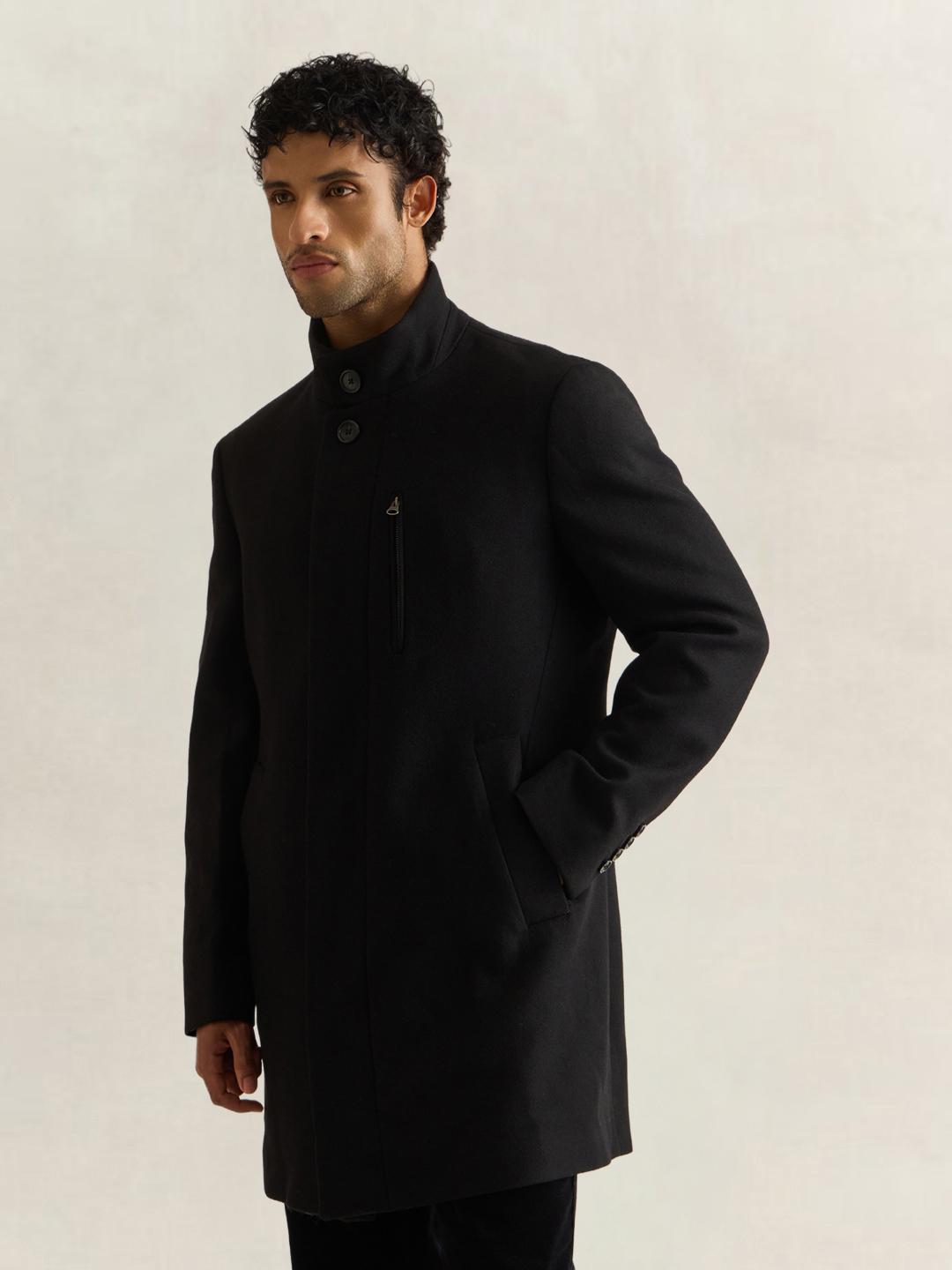 Gant Men Black Solid Regular Fit Wool Stand-Up Coat