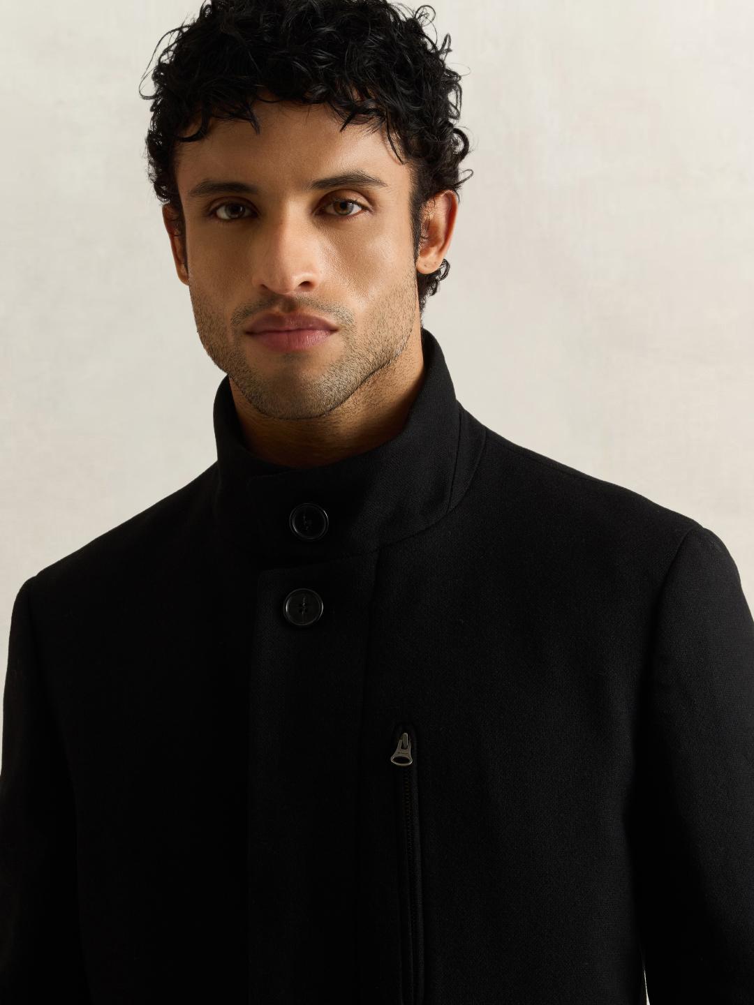 Gant Men Black Solid Regular Fit Wool Stand-Up Coat
