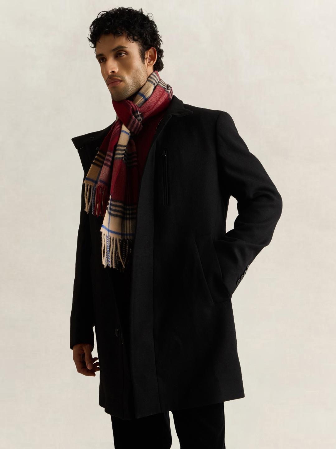 Gant Men Black Solid Regular Fit Wool Stand-Up Coat