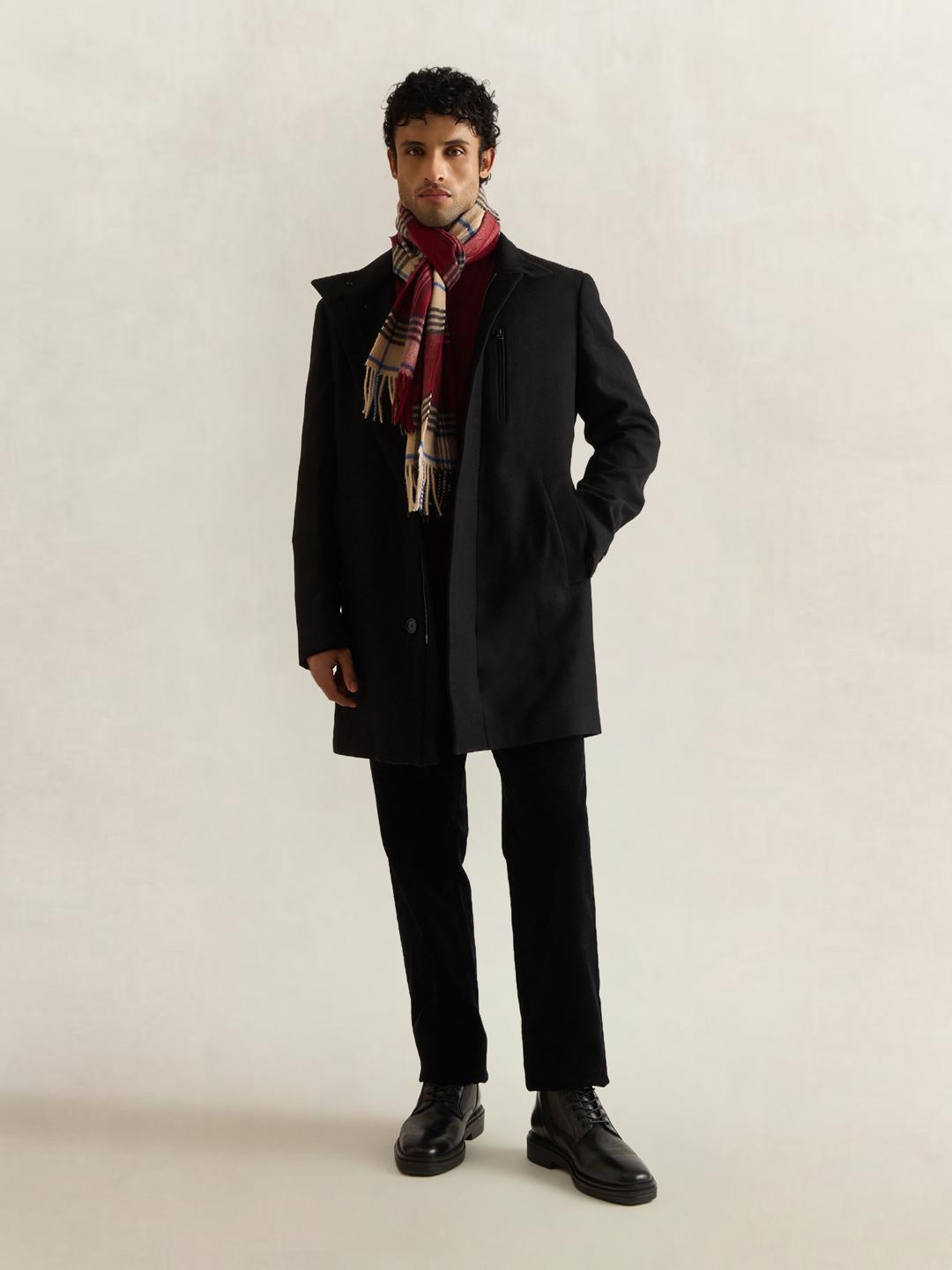 Gant Men Black Solid Regular Fit Wool Stand-Up Coat