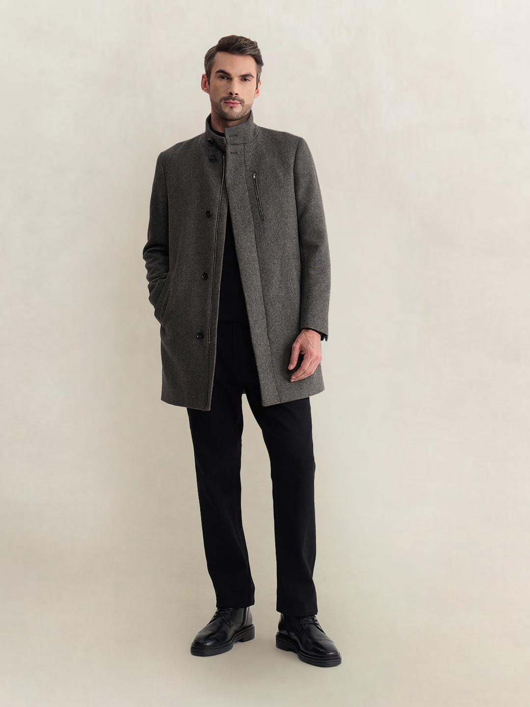 Gant Men Grey Regular Fit Woven Design Wool Blend Coat
