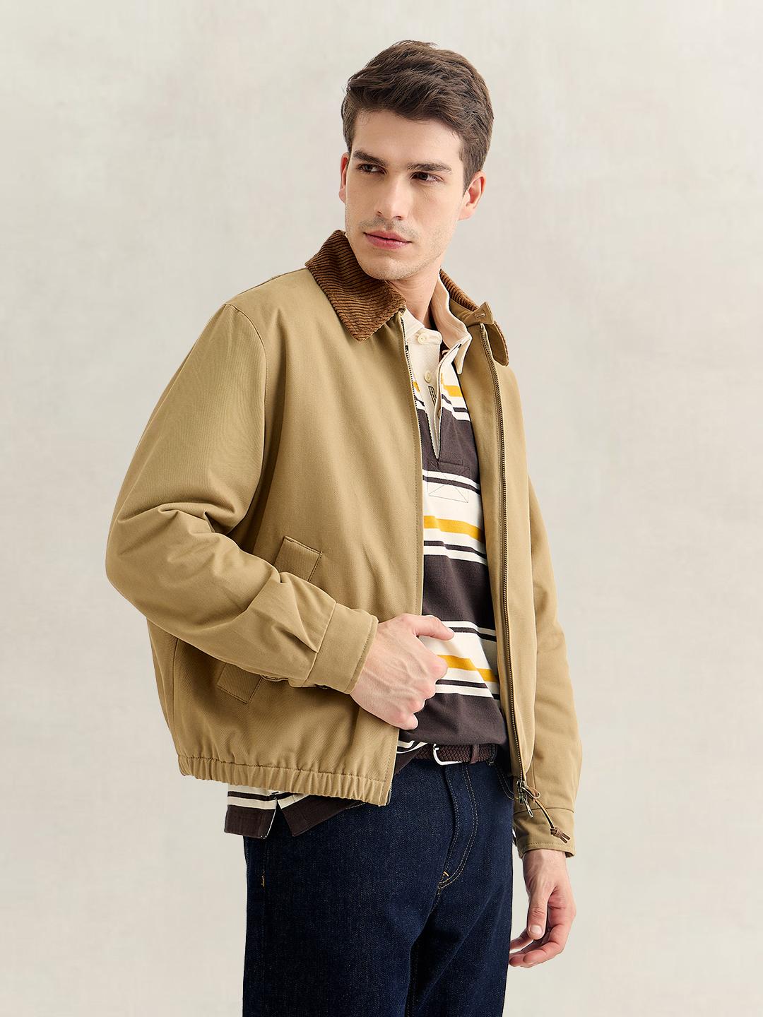 Gant Men Khaki Regular Fit Solid Moleskin Harrington Jacket
