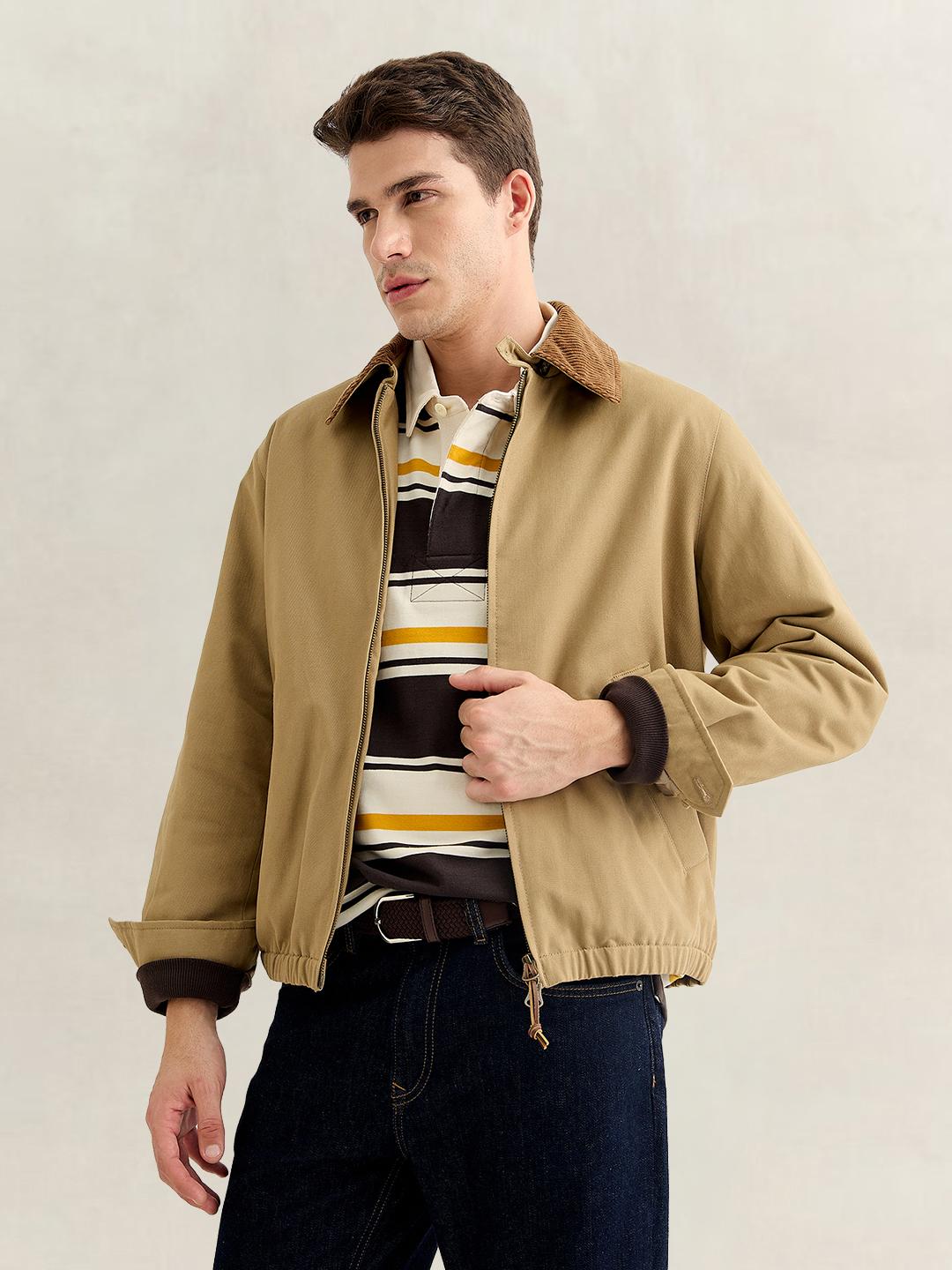 Gant Men Khaki Regular Fit Solid Moleskin Harrington Jacket