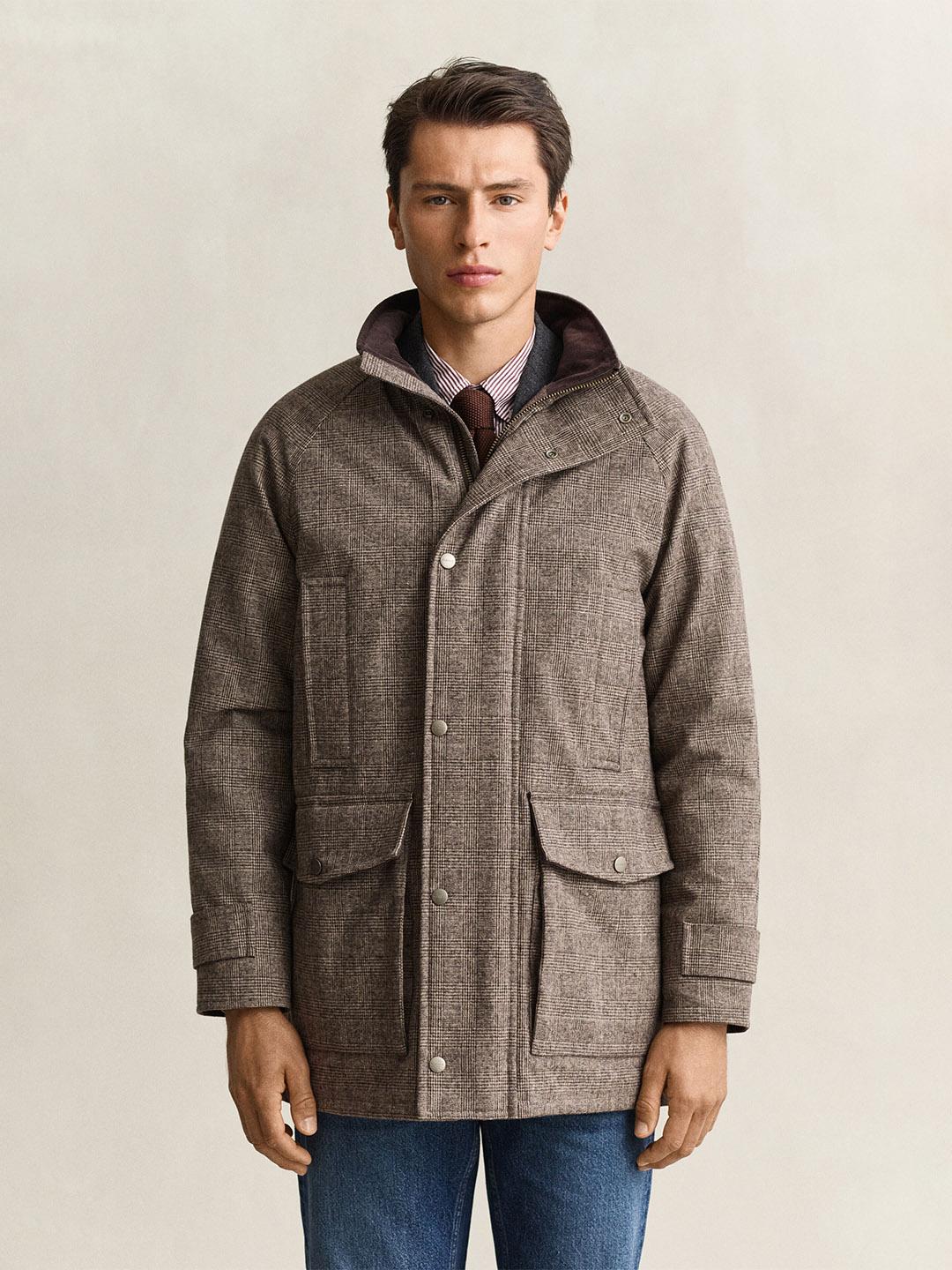 Gant Men Beige Checked Regular Fit Wool Blend Parka Jacket