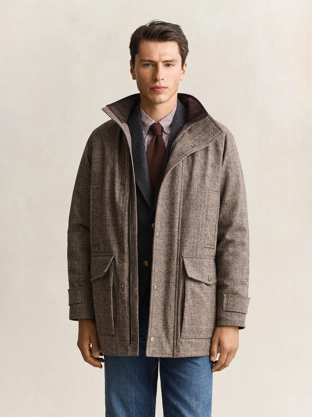 Gant Men Beige Checked Regular Fit Wool Blend Parka Jacket