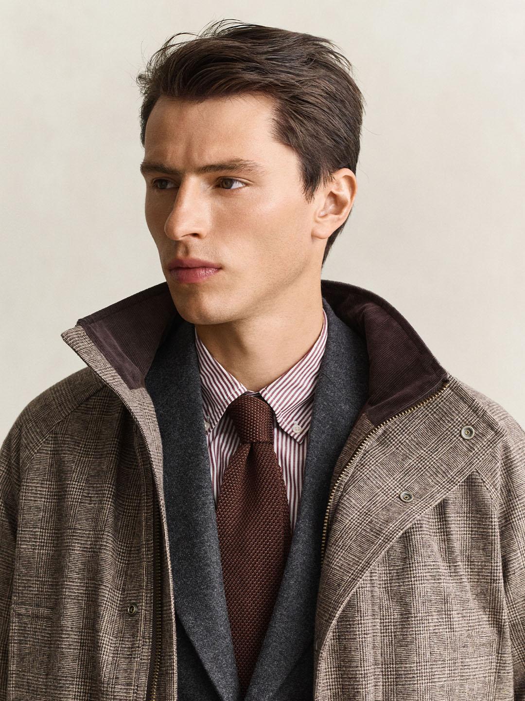 Gant Men Beige Checked Regular Fit Wool Blend Parka Jacket