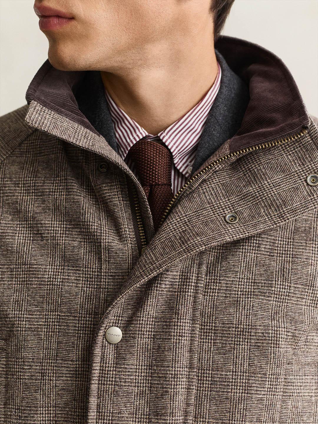 Gant Men Beige Checked Regular Fit Wool Blend Parka Jacket