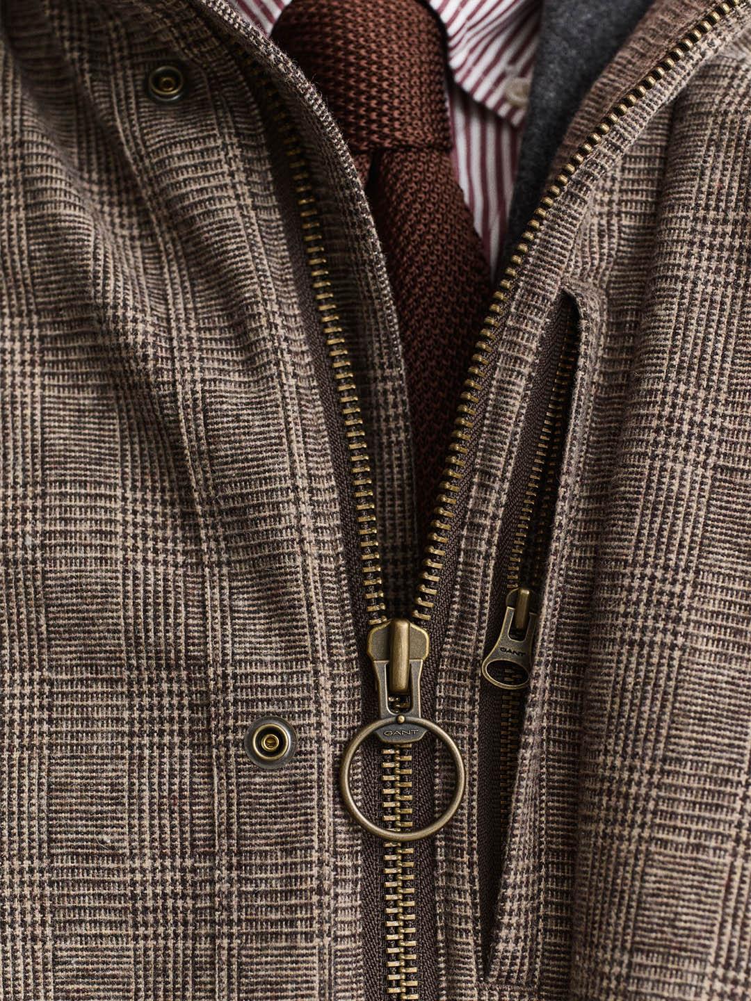 Gant Men Beige Checked Regular Fit Wool Blend Parka Jacket
