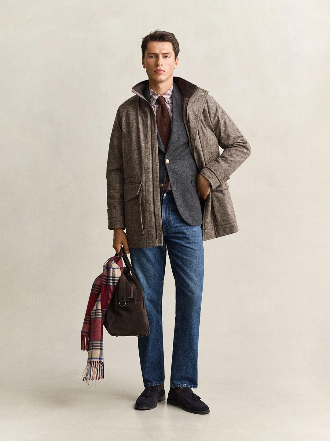 Gant Men Beige Checked Regular Fit Wool Blend Parka Jacket