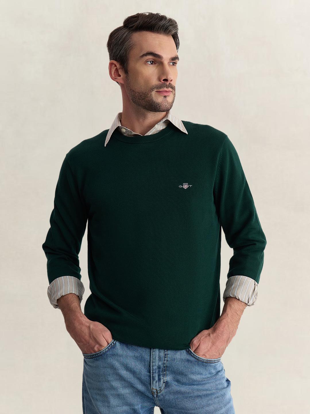 Gant Men Green Regular Fit Solid Pure Cotton Sweater