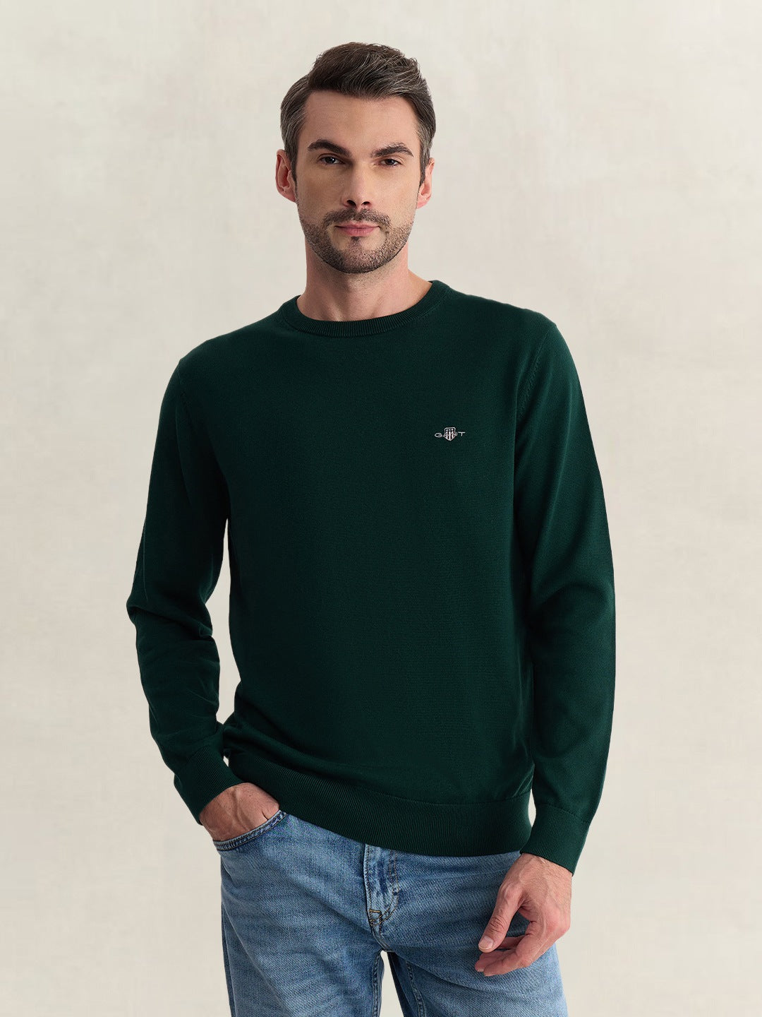 Gant Men Green Regular Fit Solid Pure Cotton Sweater