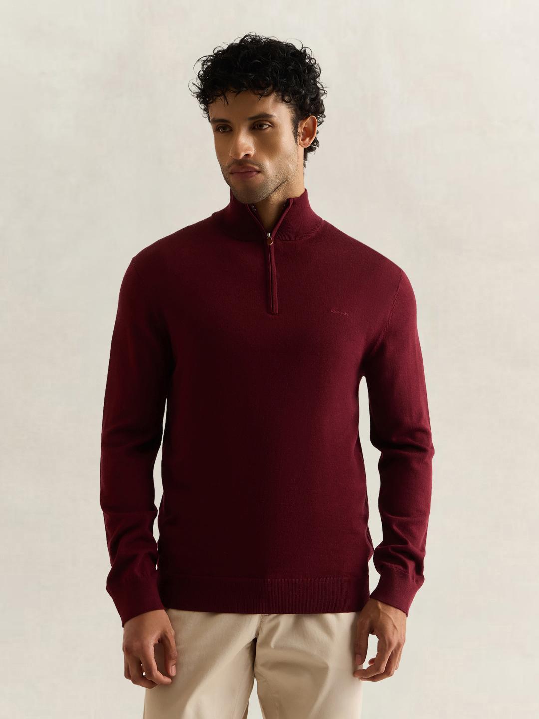 Gant Men Wine Solid Regular Fit Merinowool Sweater
