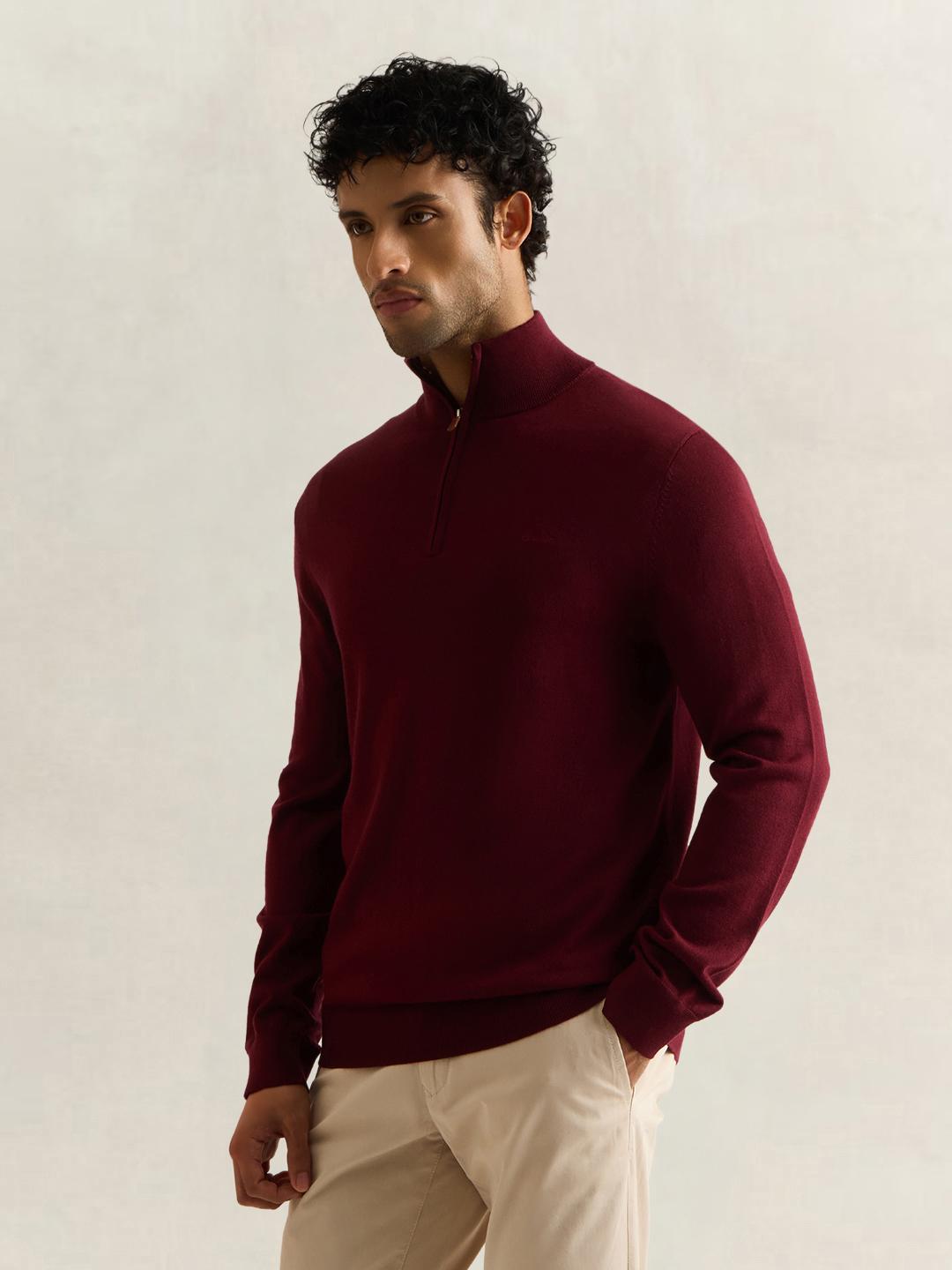 Gant Men Wine Solid Regular Fit Merinowool Sweater