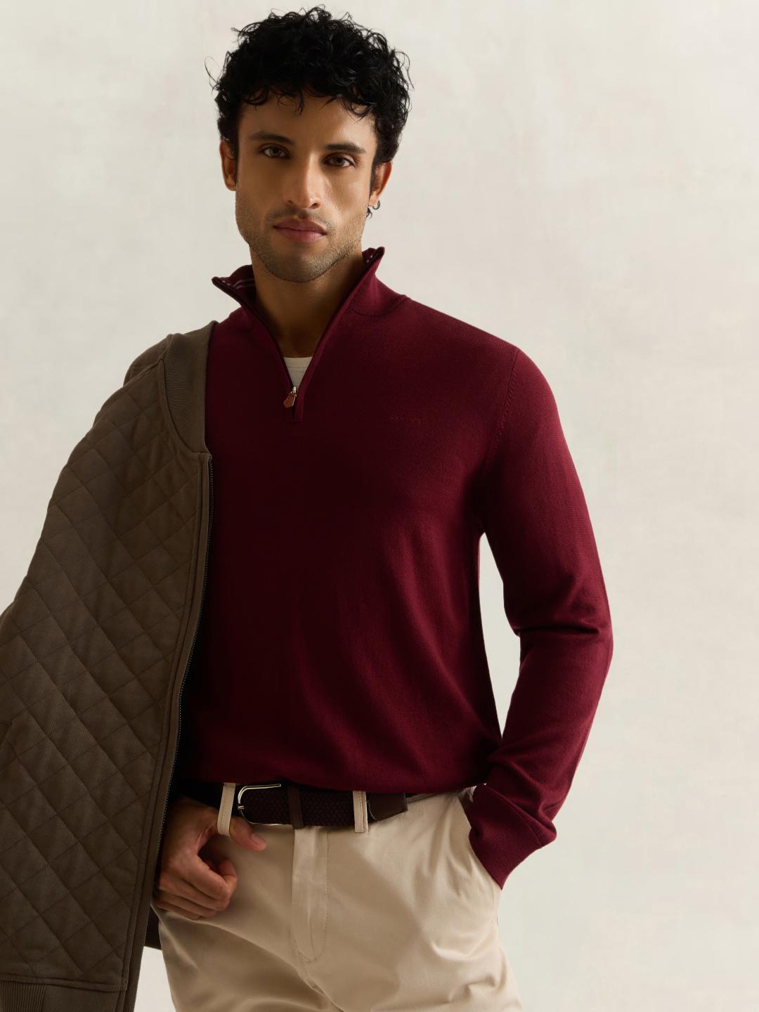 Gant Men Wine Solid Regular Fit Merinowool Sweater