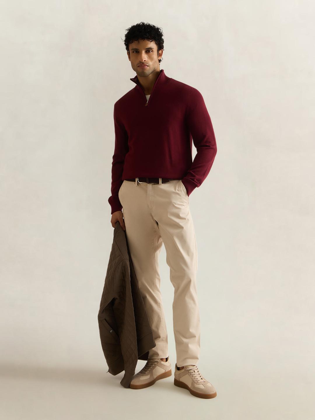 Gant Men Wine Solid Regular Fit Merinowool Sweater
