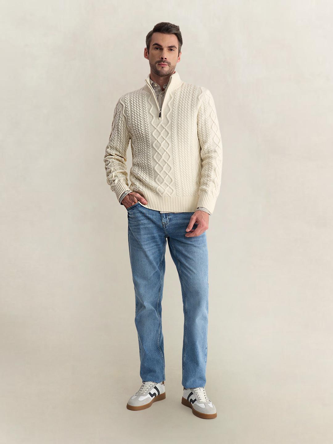 Gant Men Cream Regular Fit Woven Design Wool Blend Sweater