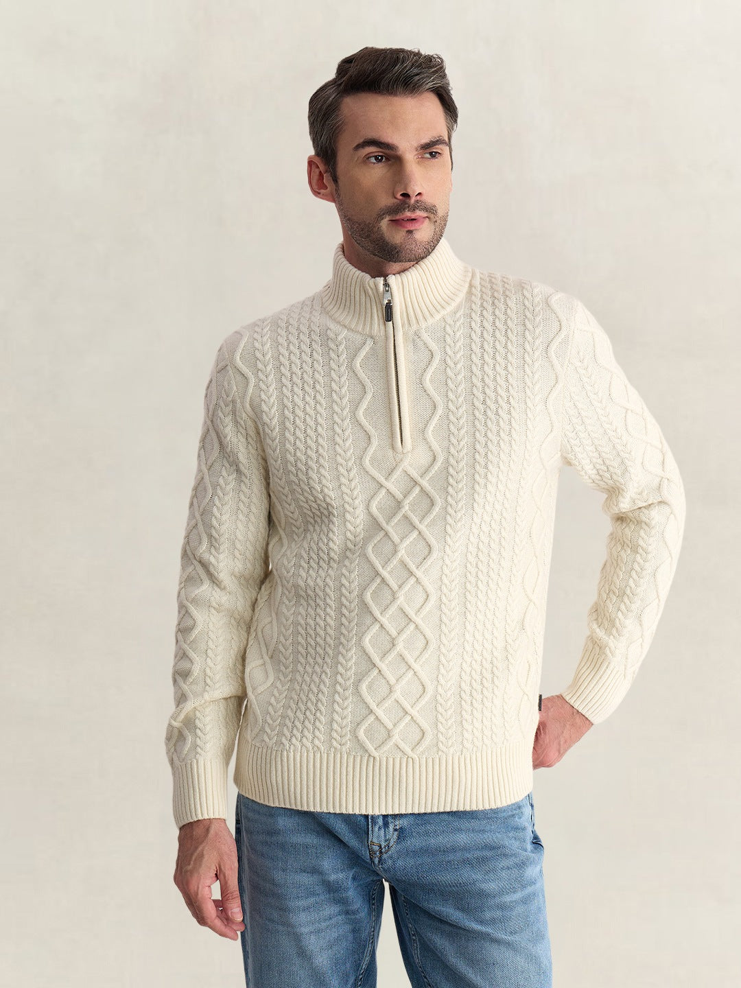 Gant Men Cream Regular Fit Woven Design Wool Blend Sweater