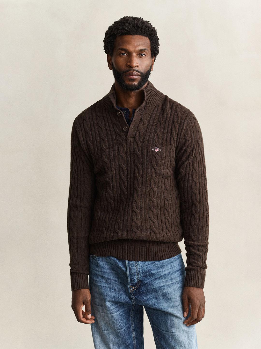Gant Men Brown Cable Knit Regular Fit Lambswool Sweater