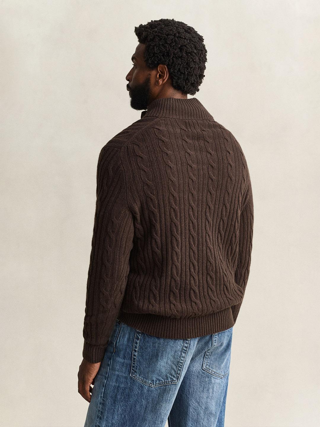 Gant Men Brown Cable Knit Regular Fit Lambswool Sweater