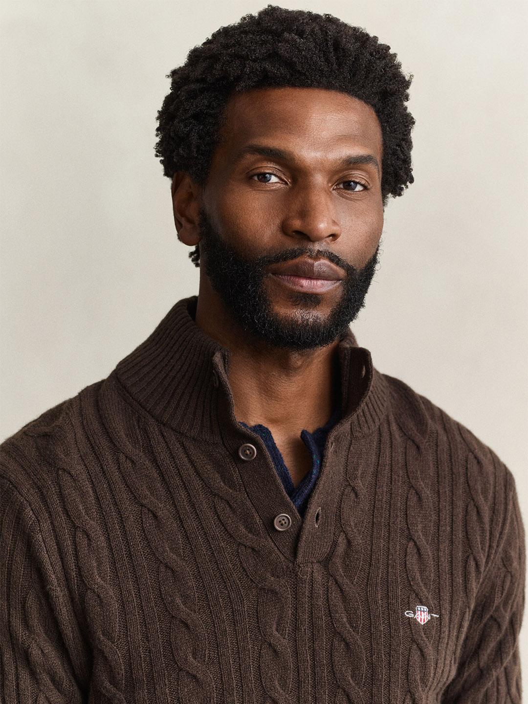 Gant Men Brown Cable Knit Regular Fit Lambswool Sweater