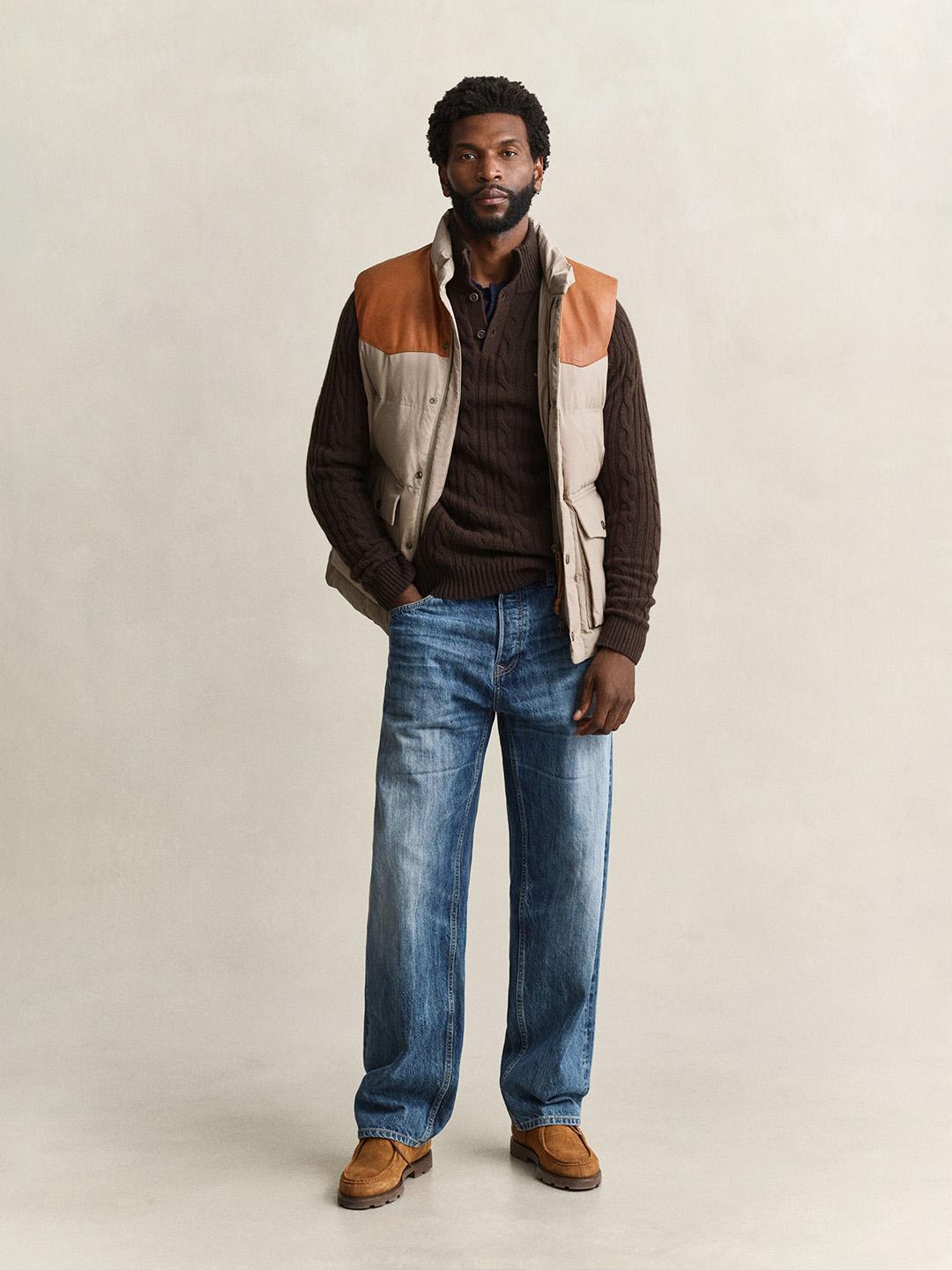 Gant Men Brown Cable Knit Regular Fit Lambswool Sweater