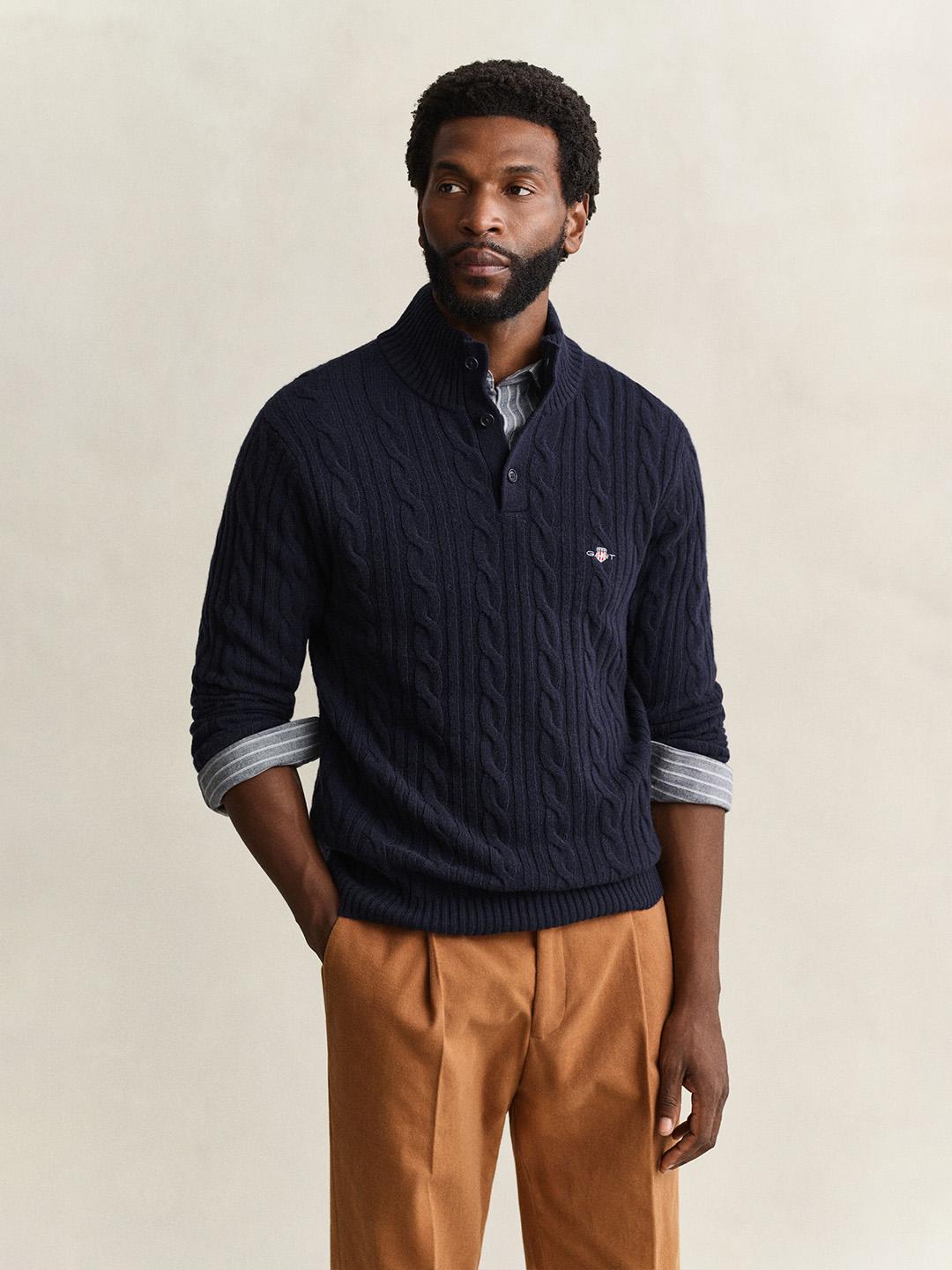 Gant Men Navy Cable Knit Regular Fit Lambswool Sweater