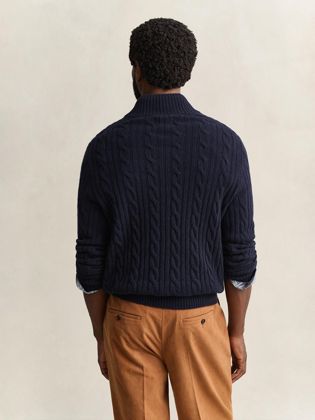 Gant Men Navy Cable Knit Regular Fit Lambswool Sweater