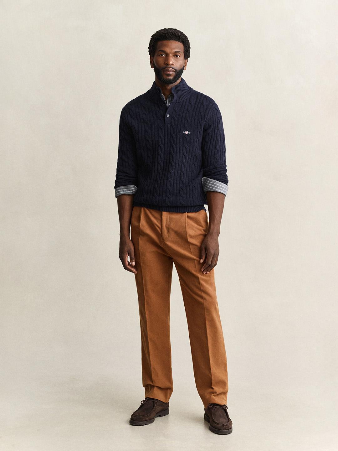 Gant Men Navy Cable Knit Regular Fit Lambswool Sweater