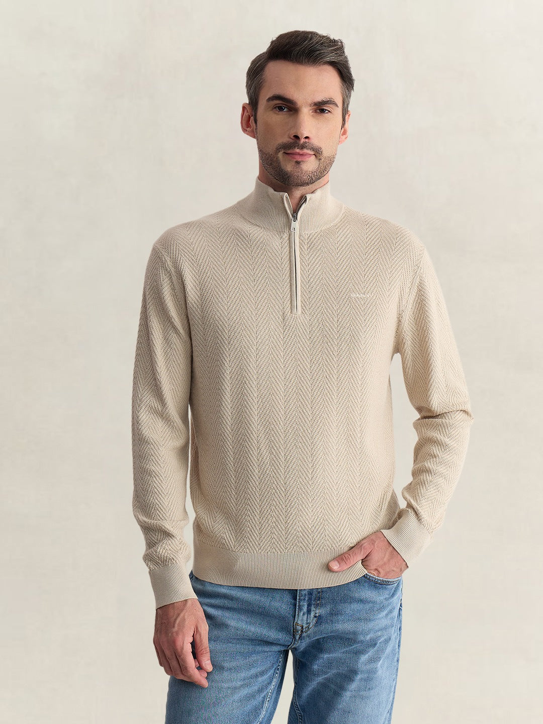 Gant Men Beige Regular Fit Woven Design Cotton Blend Sweater