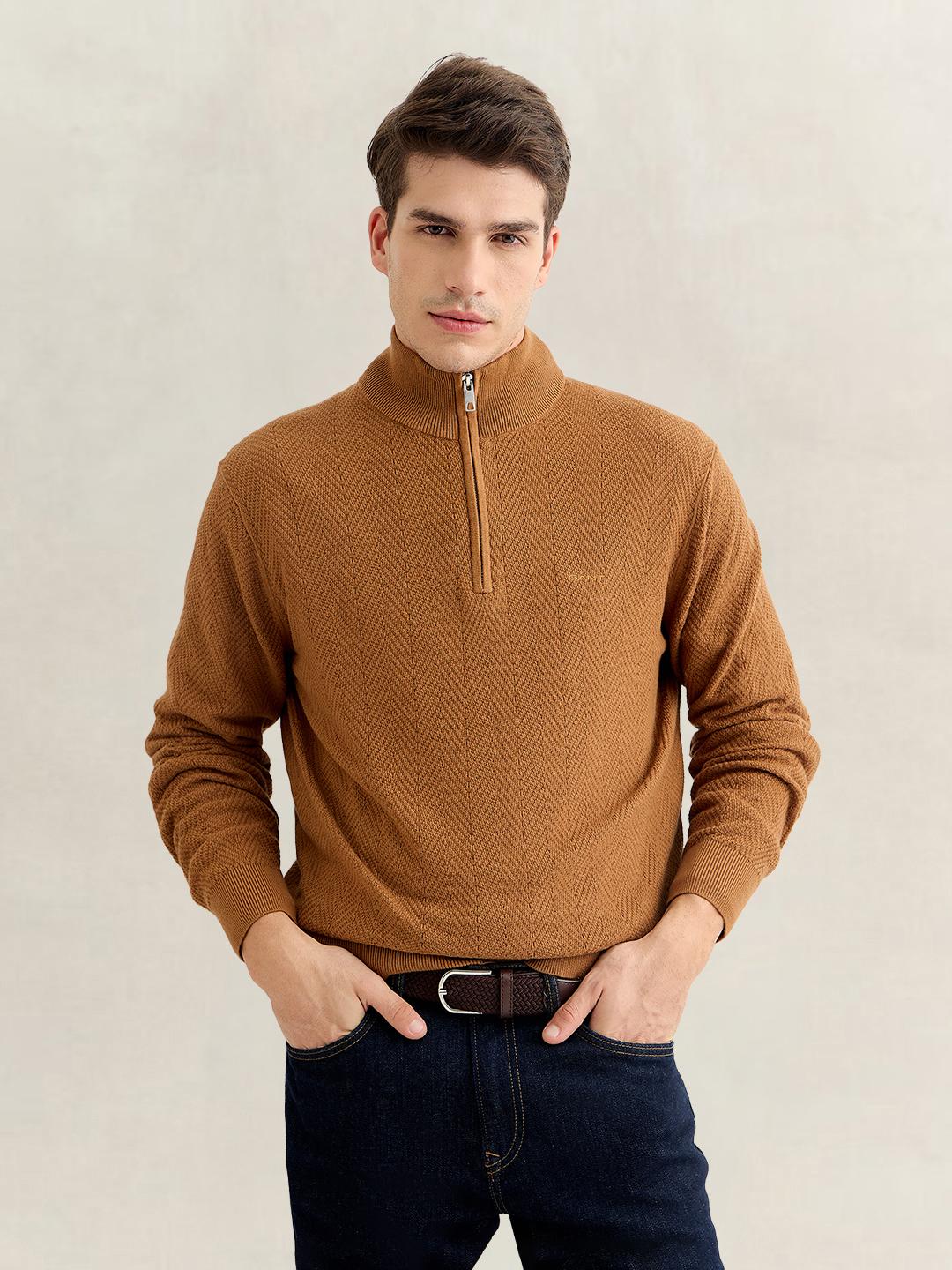 Gant Men Brown Regular Fit Herringbone Sweater