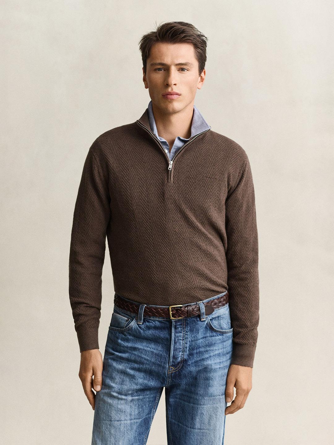 Gant Men Brown Herringbone Regular Fit Sweater