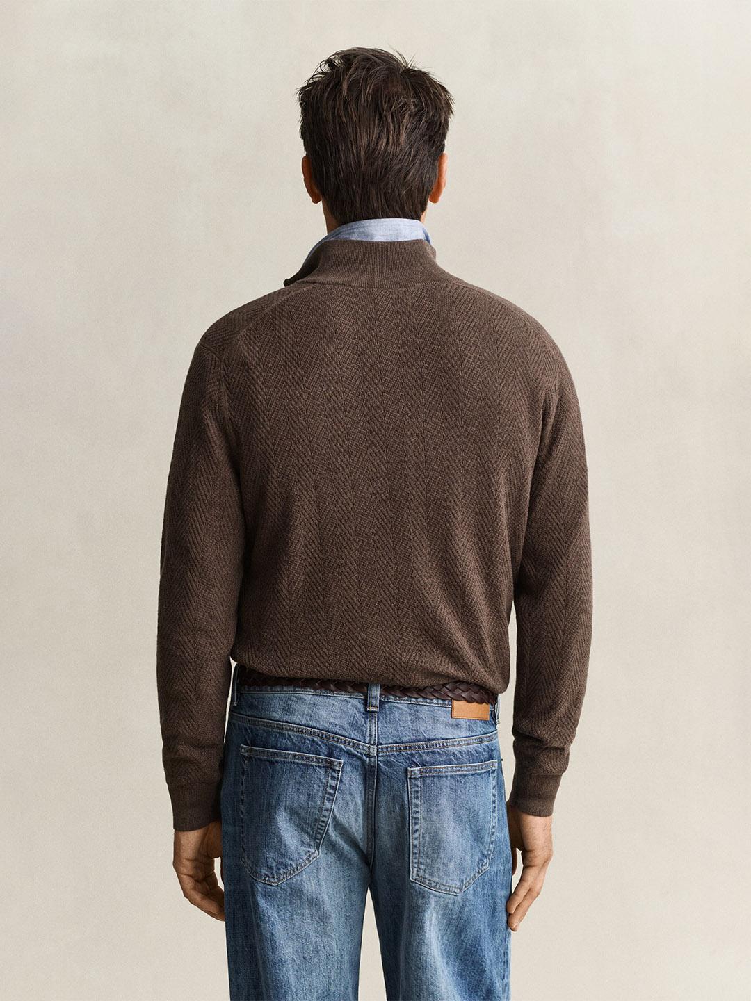 Gant Men Brown Herringbone Regular Fit Sweater
