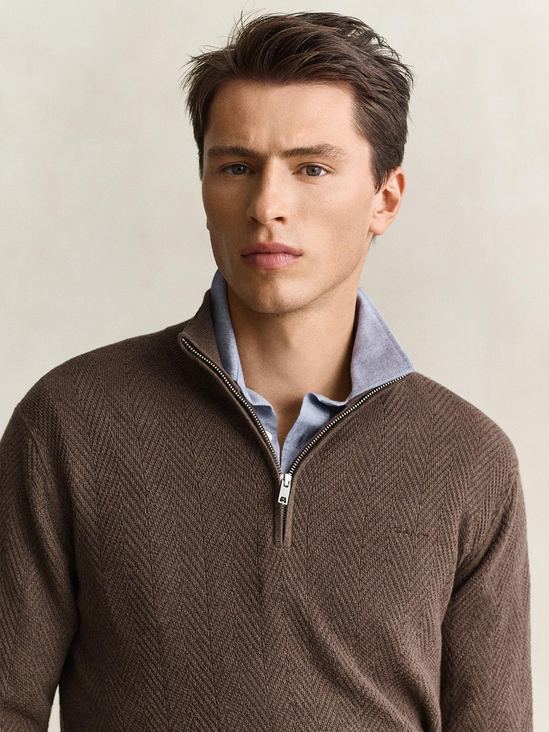 Gant Men Brown Herringbone Regular Fit Sweater