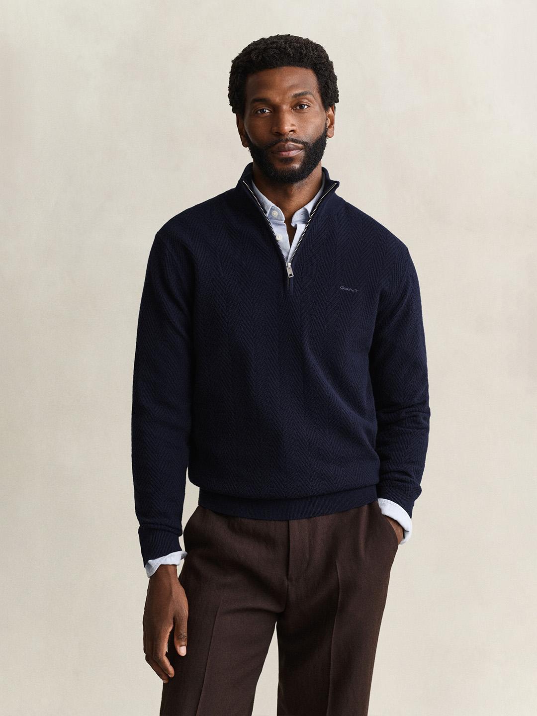 Gant Men Navy Herringbone Regular Fit Sweater