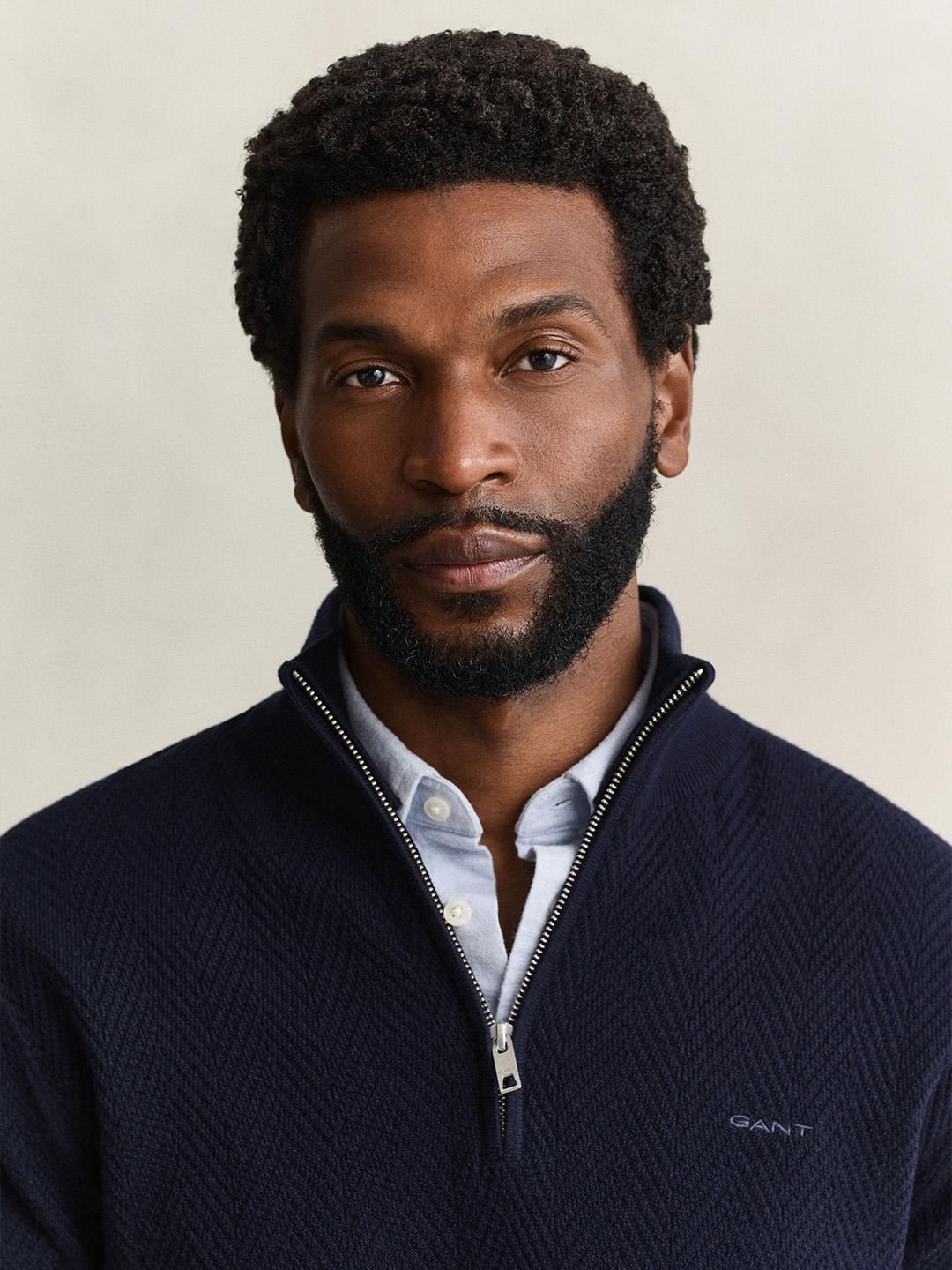 Gant Men Navy Herringbone Regular Fit Sweater