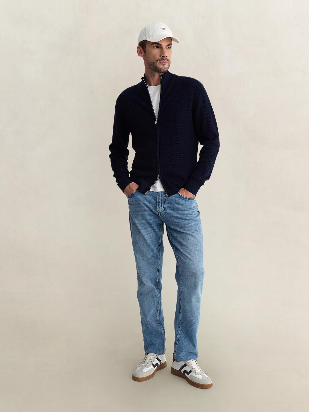 Gant Men Blue Regular Fit Solid Cotton Blend SWEATSHIRT