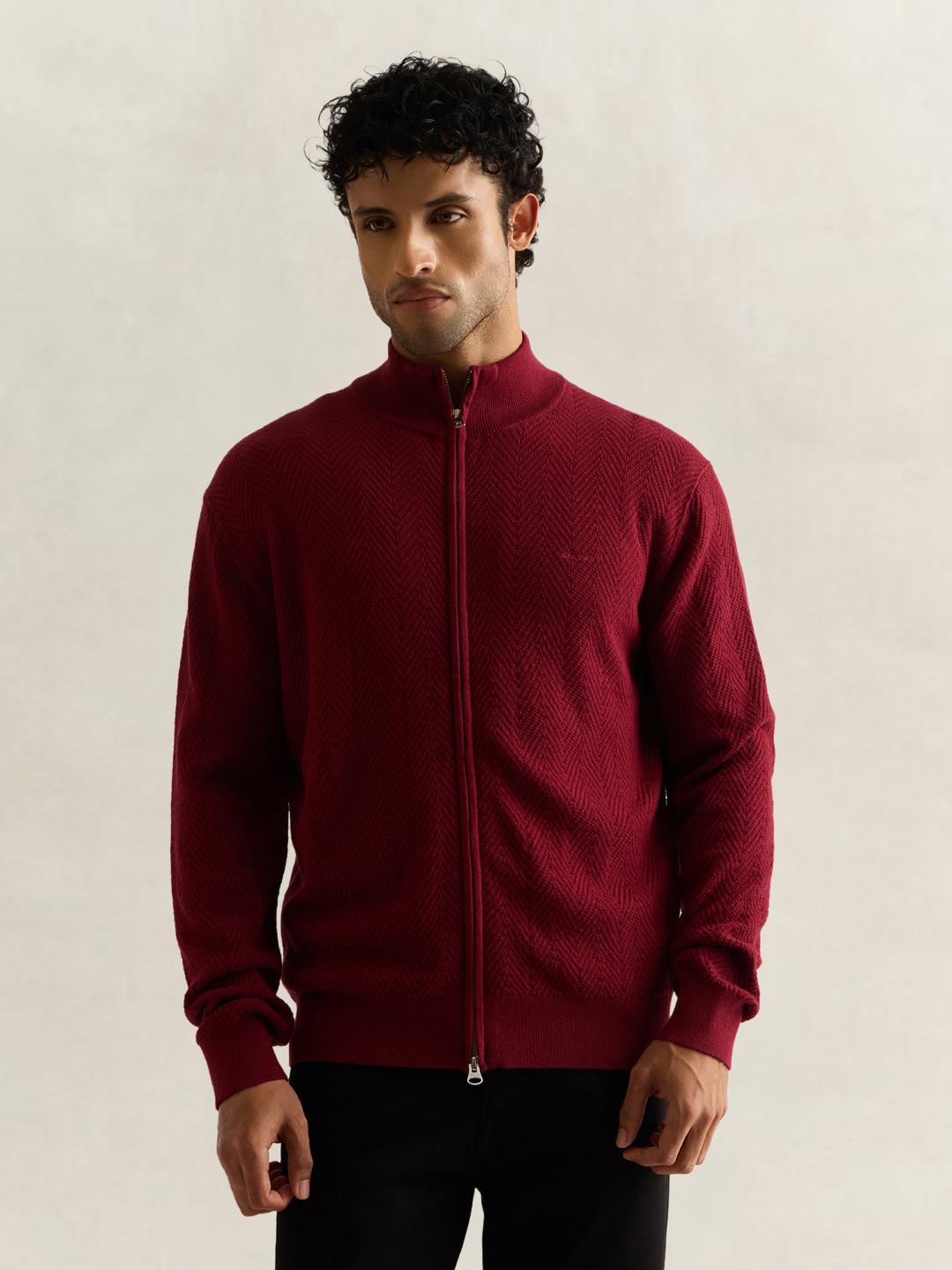 Gant Men Dark Maroon Textured Regular Fit Herringbone Sweater