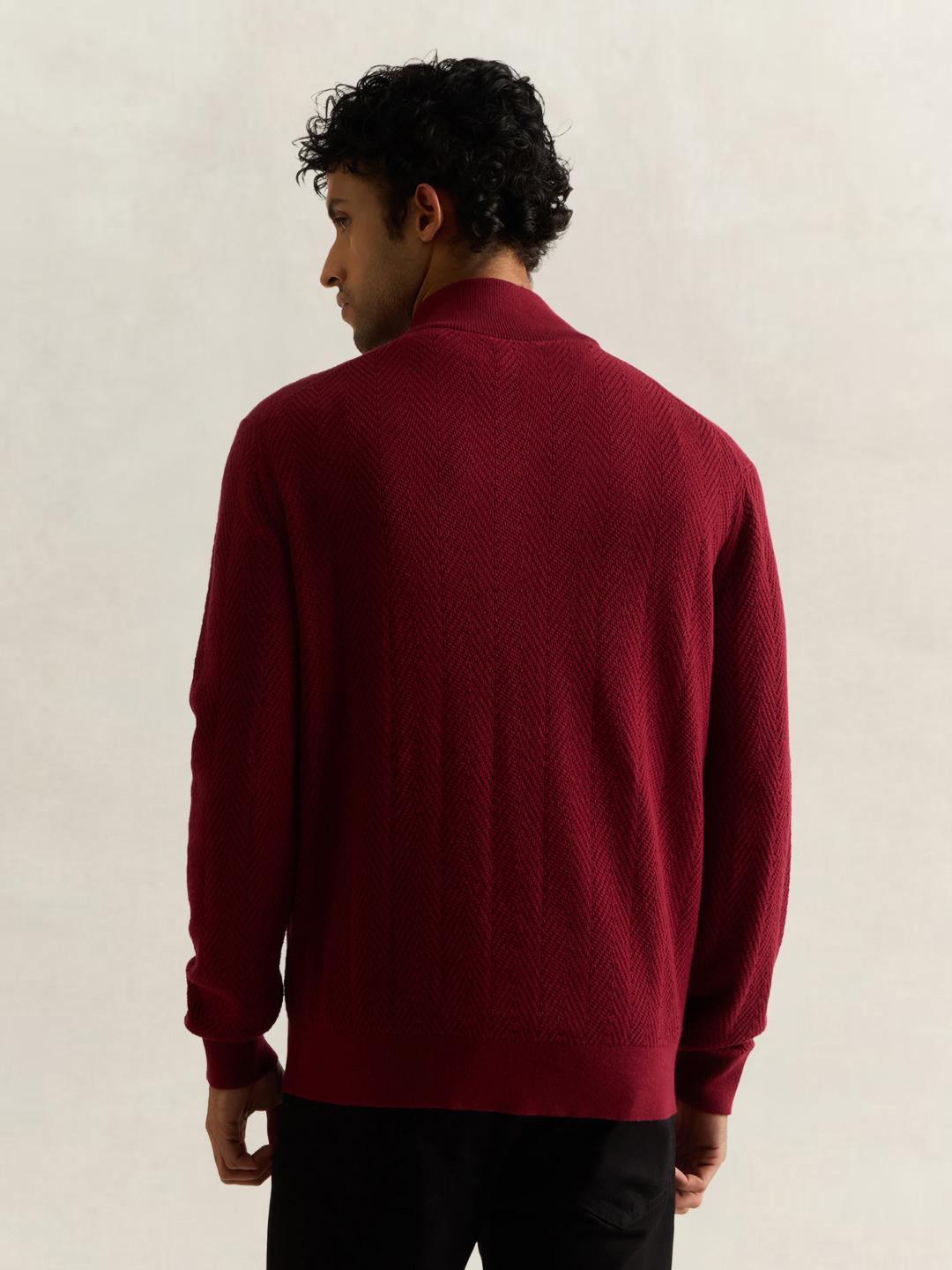 Gant Men Dark Maroon Textured Regular Fit Herringbone Sweater