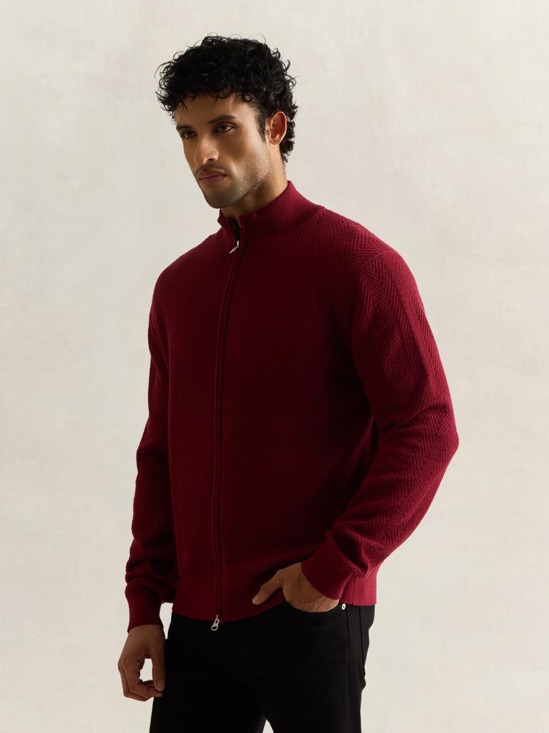 Gant Men Dark Maroon Textured Regular Fit Herringbone Sweater