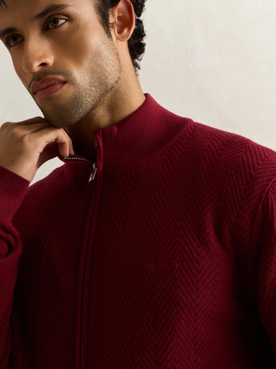 Gant Men Dark Maroon Textured Regular Fit Herringbone Sweater